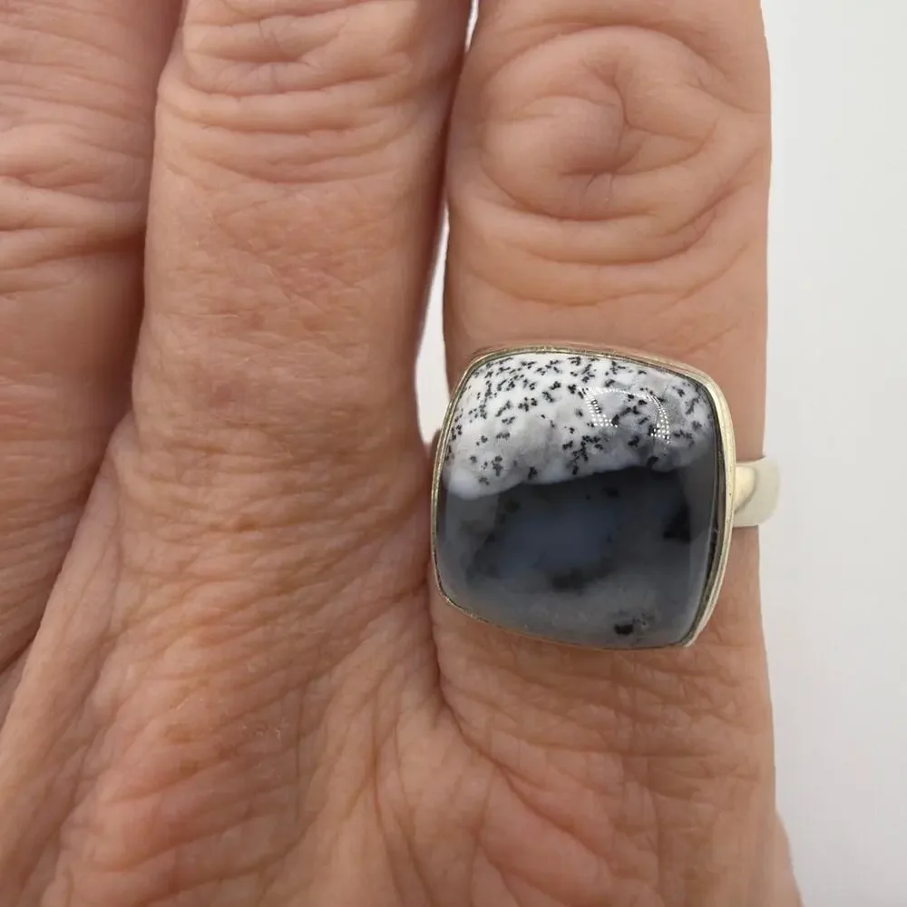 Cushion Cut Dendritic Opal Sterling Silver Ring Artisan Jewelry 9